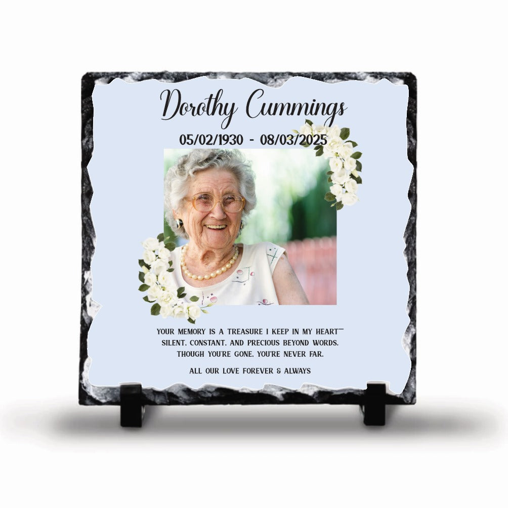 Blue Floral Memorial Rock Slate